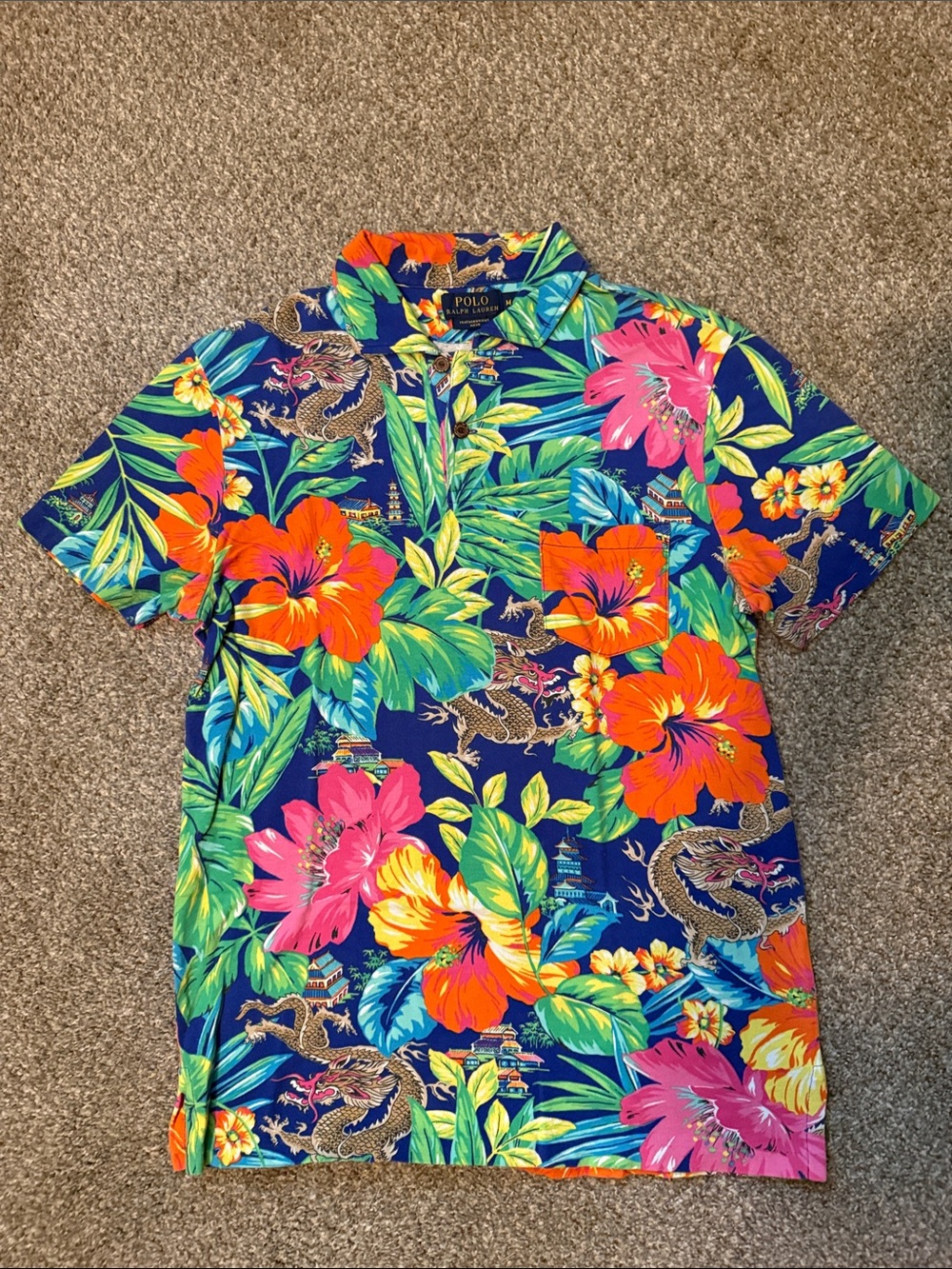 Polo by Ralph Lauren Navy Tropical Floral Polo with Bright Hibiscus Print